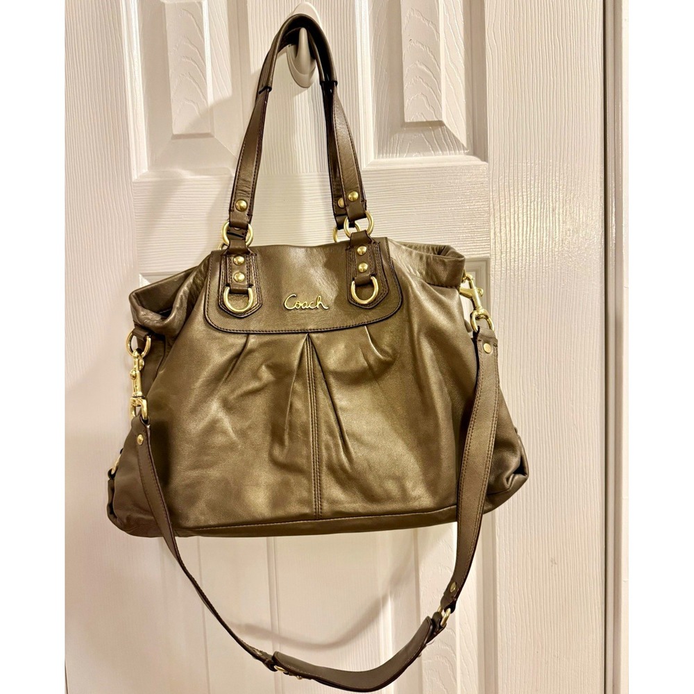 Coach Ashley Metallic Bronze Leather Carryall Satchel Bag F15513 With Strap